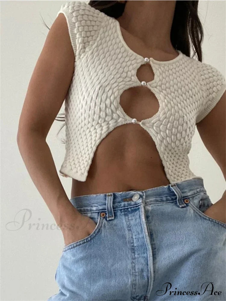 Short Sleeve Ruched O-Neck Buttons Up Y2K Knitted Crop T-shirts image 2