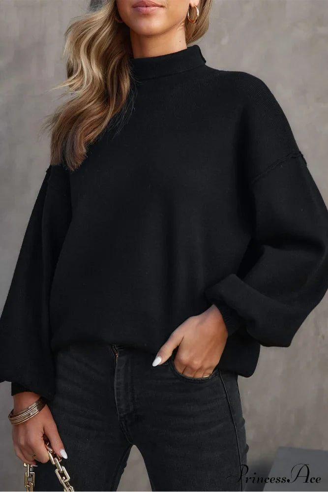 Shoulder Arm Turtleneck Knit Bubble Sweater Drop in Black image 1