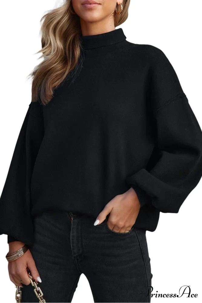 Shoulder Arm Turtleneck Knit Bubble Sweater Drop in Black image 9