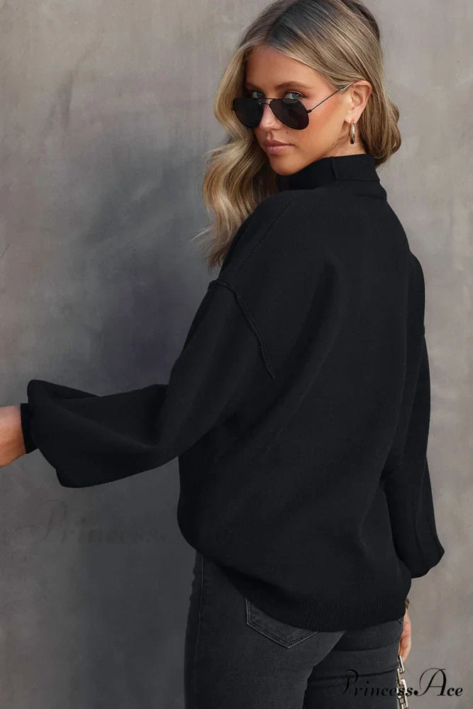 Shoulder Arm Turtleneck Knit Bubble Sweater Drop in Black image 2