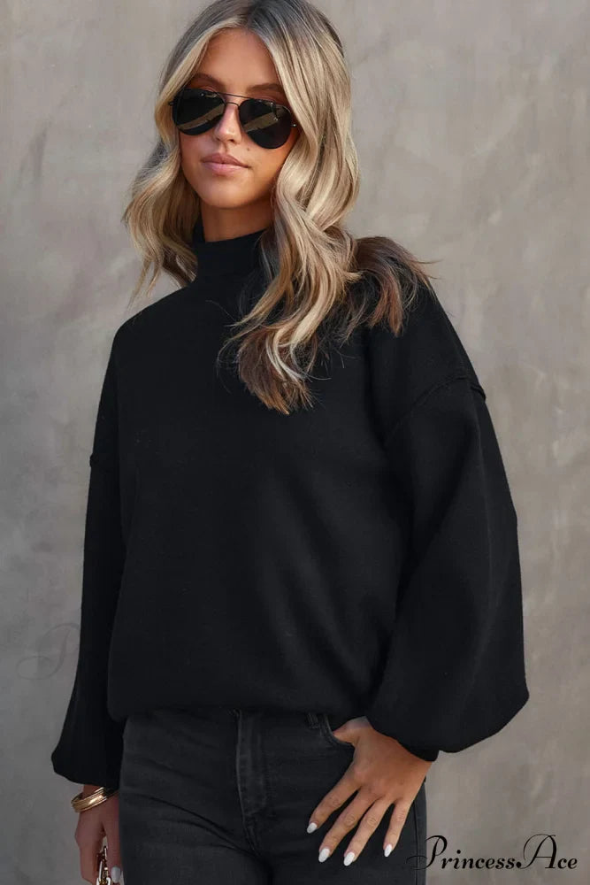 Shoulder Arm Turtleneck Knit Bubble Sweater Drop in Black image 3