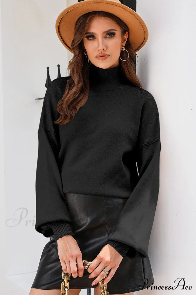 Shoulder Arm Turtleneck Knit Bubble Sweater Drop in Black image 8
