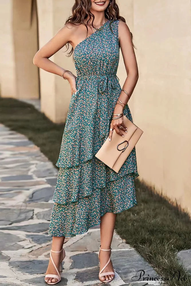Shoulder One with Trim Gown Green Ruffle Print image 1