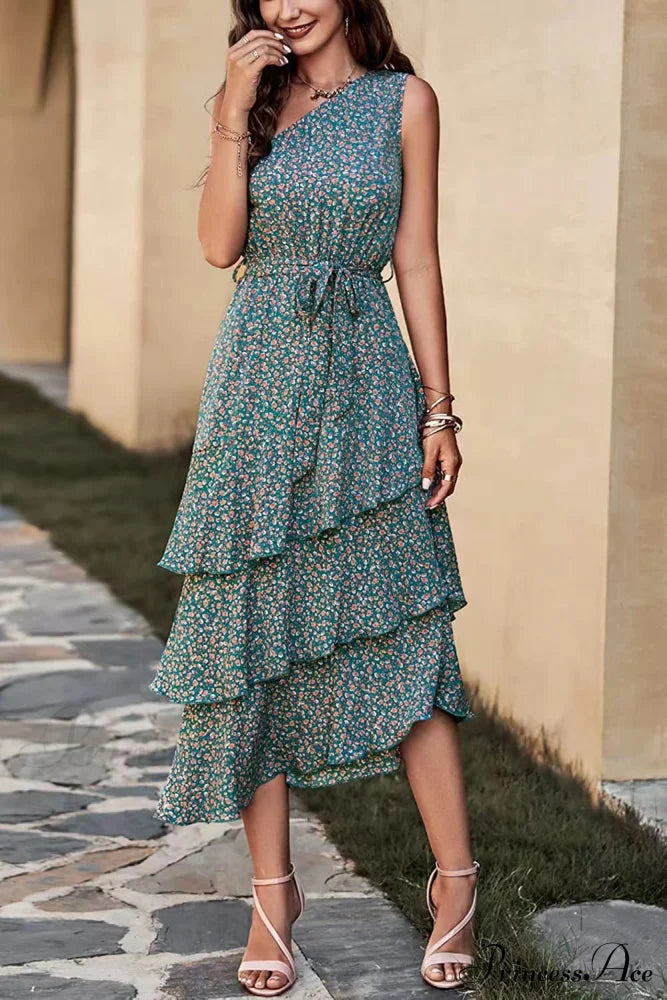 Shoulder One with Trim Gown Green Ruffle Print image 3