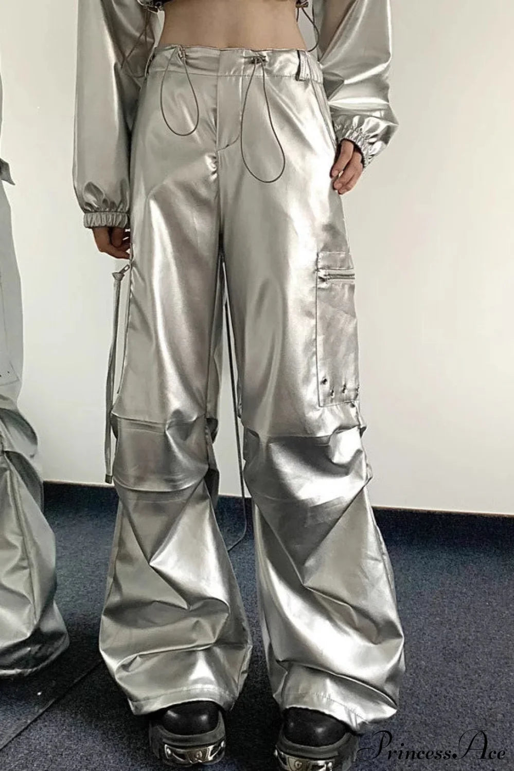 Silver Cuffed High Waist Cargo Pants image 2