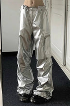 Silver Cuffed High Waist Cargo Pants image 1