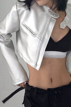 Silver Funnel Neck Snap Leather Short Jacket image 3