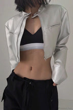 Silver Funnel Neck Snap Leather Short Jacket image 2