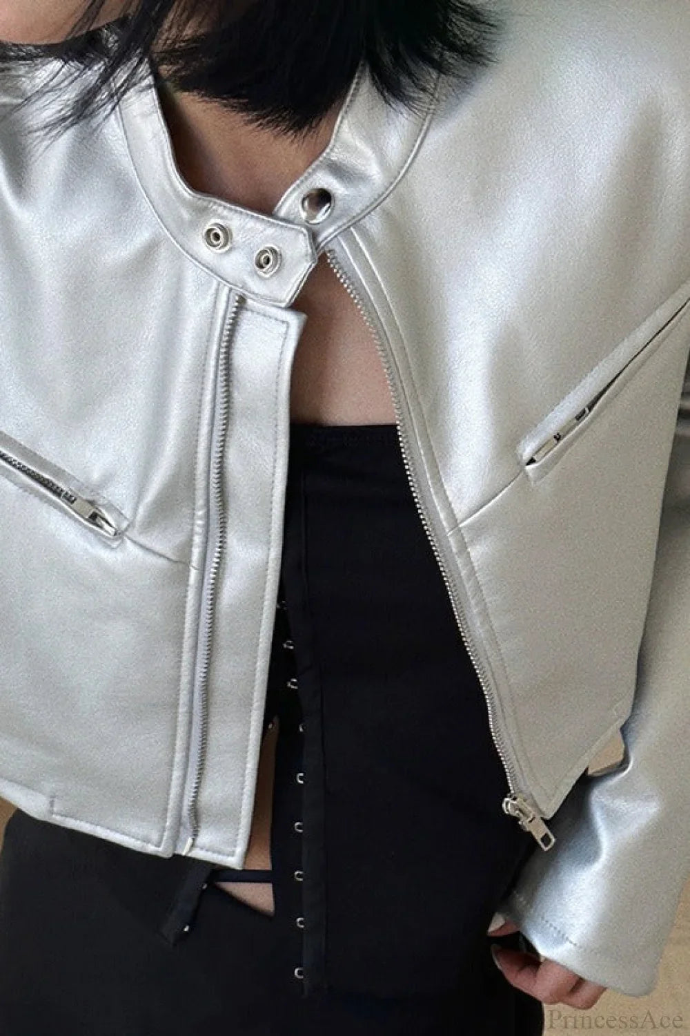 Silver Funnel Neck Snap Leather Short Jacket image 4