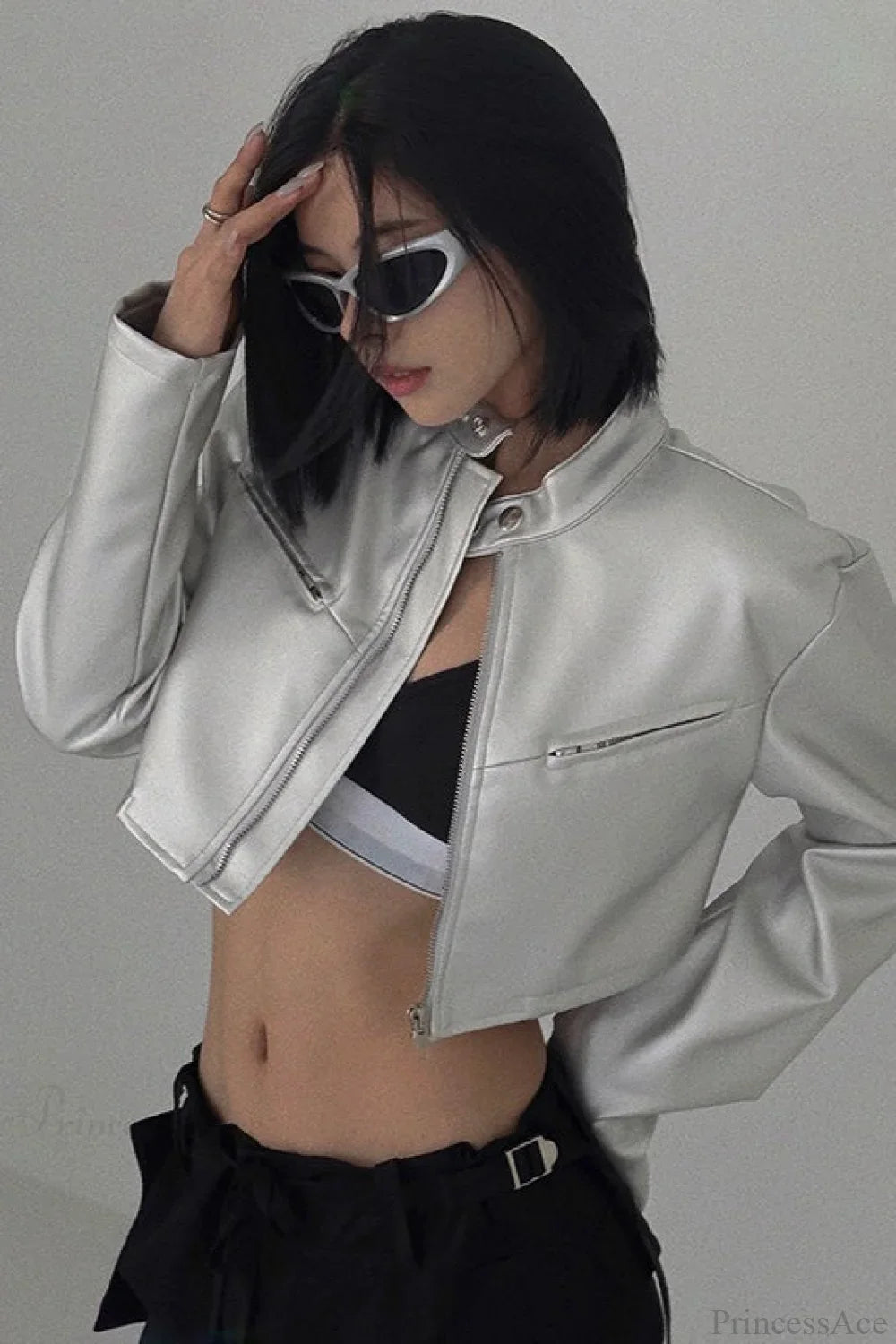 Silver Funnel Neck Snap Leather Short Jacket image 1