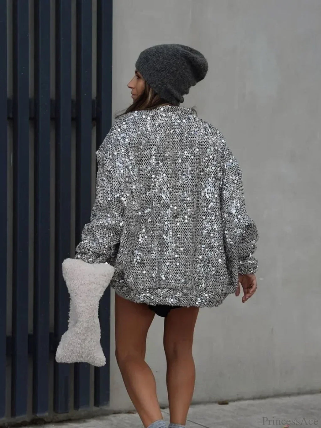 Silver Sequins Patchwork Bomber Coat image 5
