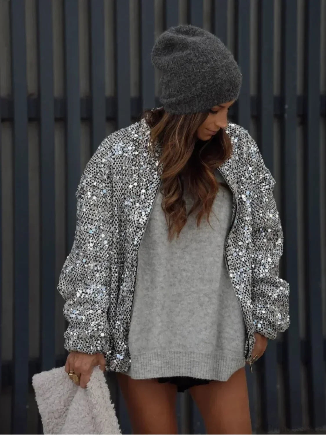 Silver Sequins Patchwork Bomber Coat image 2