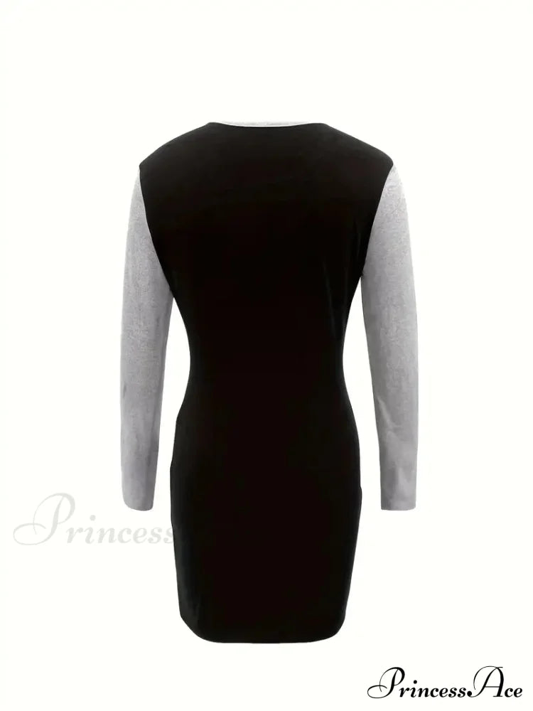 Simple Crew Neck Long Sleeve Dress with Color Block Design image 5