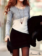 Simple Crew Neck Long Sleeve Dress with Color Block Design image 3