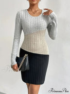 Simple Crew Neck Long Sleeve Dress with Color Block Design image 2