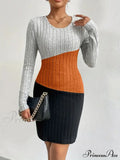 Simple Crew Neck Long Sleeve Dress with Color Block Design image 1