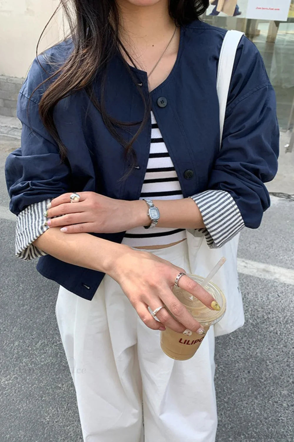 Simple Striped Sleeve Patchwork Casual Jacket image 7