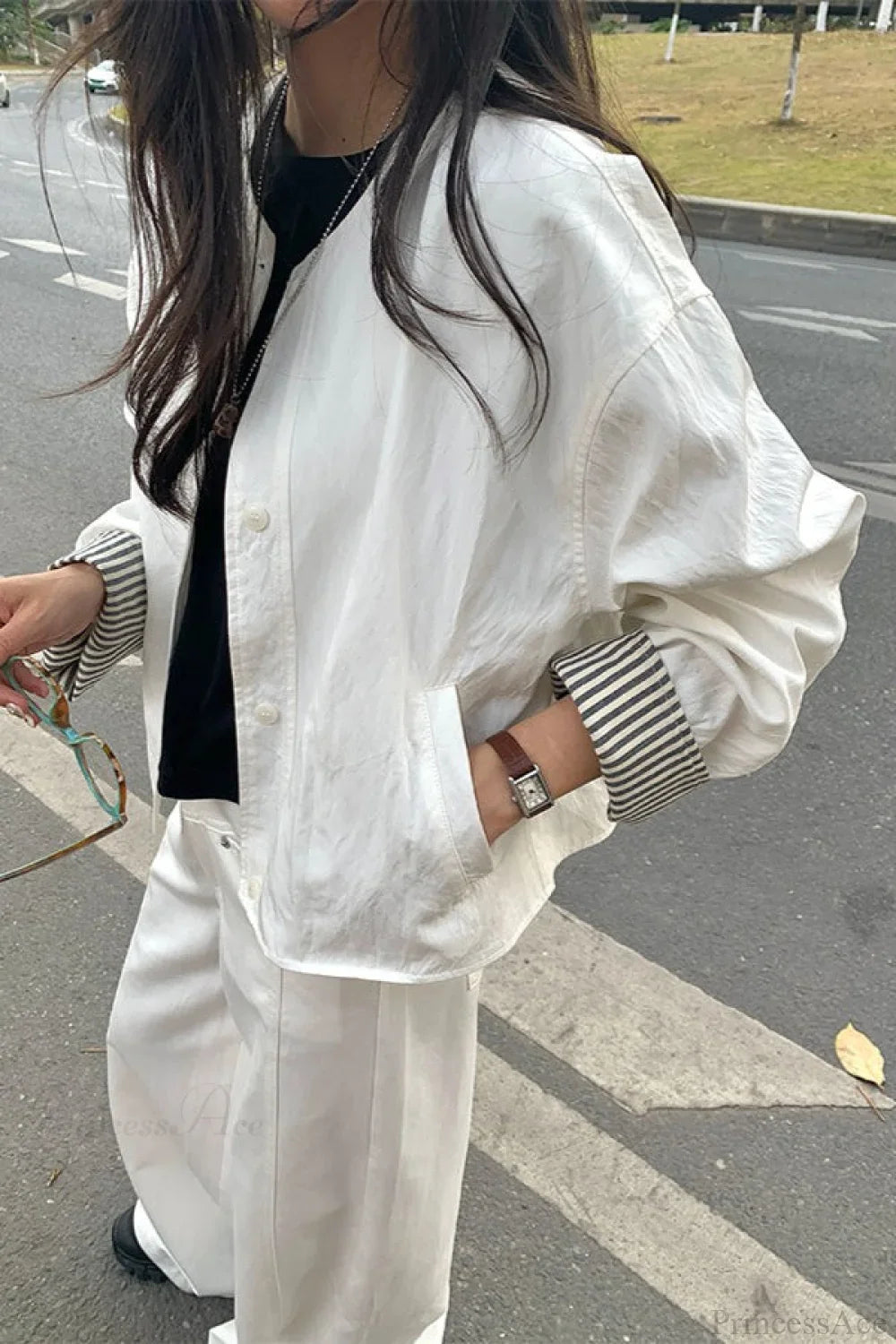 Simple Striped Sleeve Patchwork Casual Jacket image 1