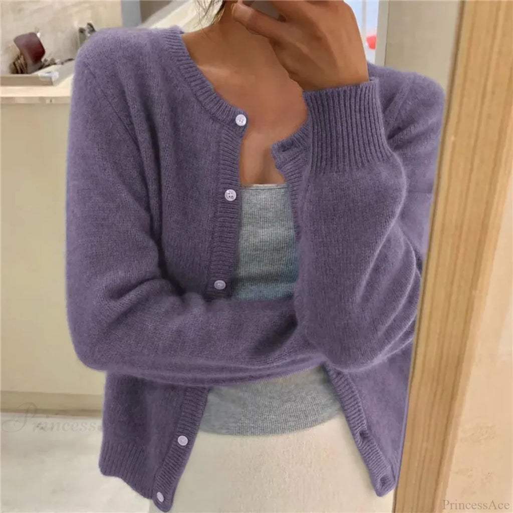 Single Breasted Solid Round Neck Knitted Cardigan image 1
