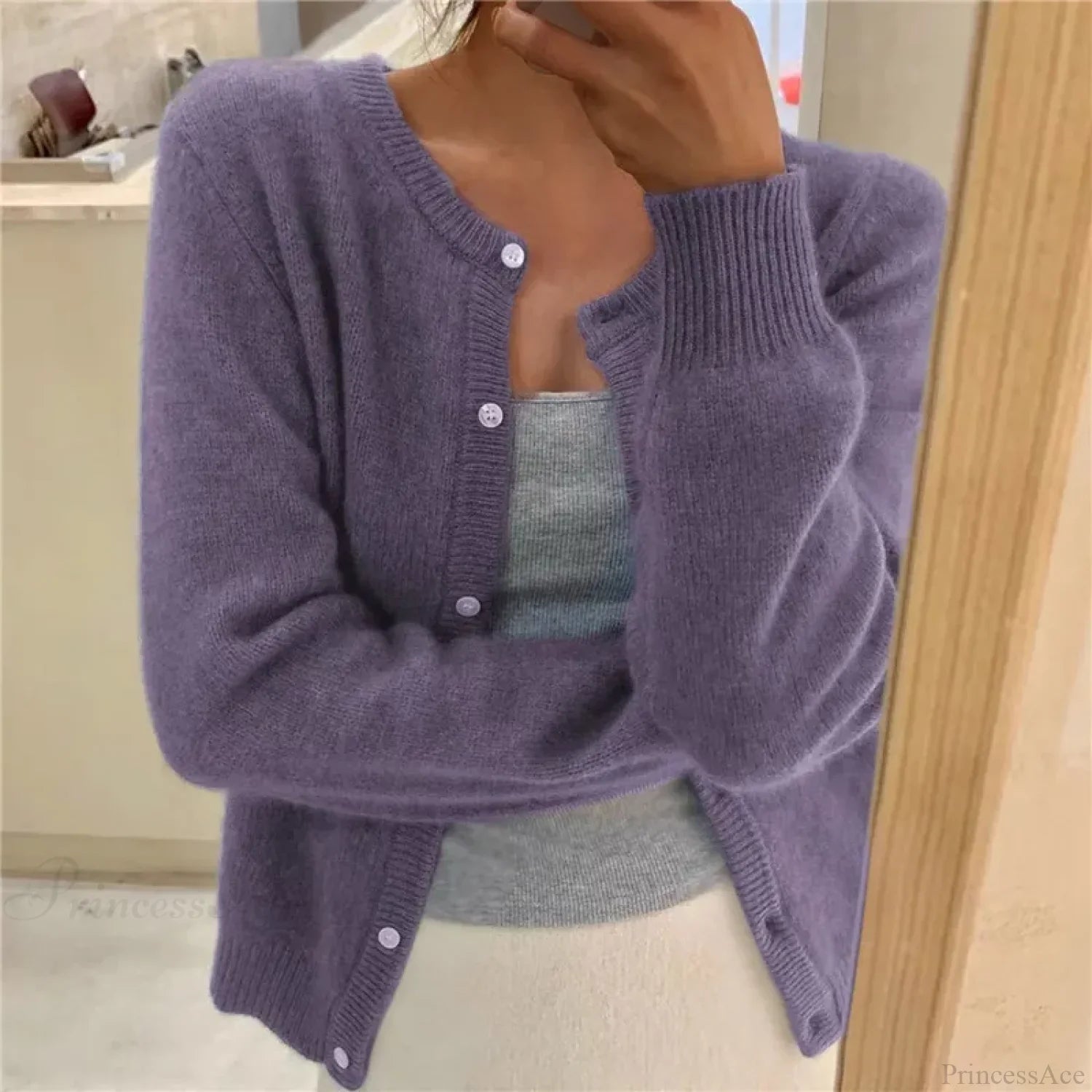 Single Breasted Solid Round Neck Knitted Cardigan image 1
