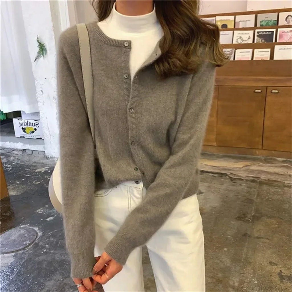 Single Breasted Solid Round Neck Knitted Cardigan image 2