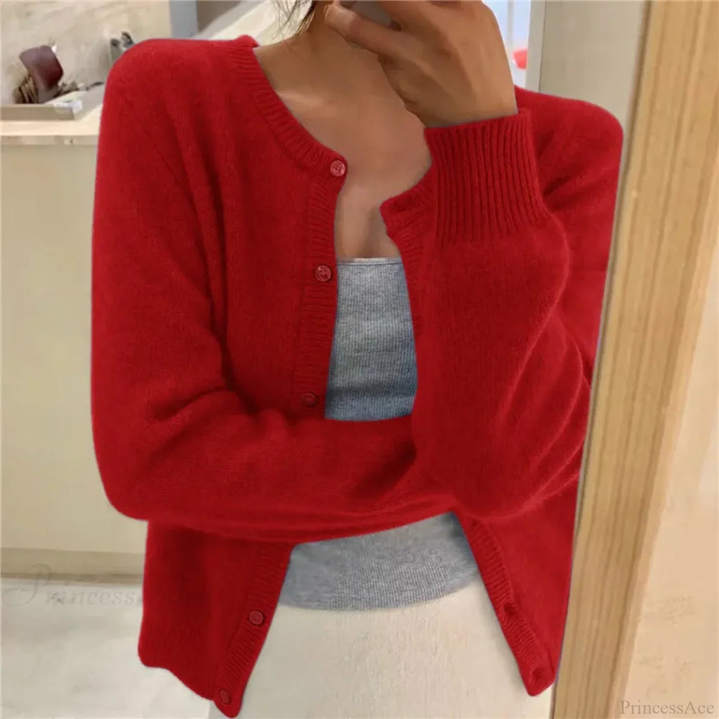 Single Breasted Solid Round Neck Knitted Cardigan image 6
