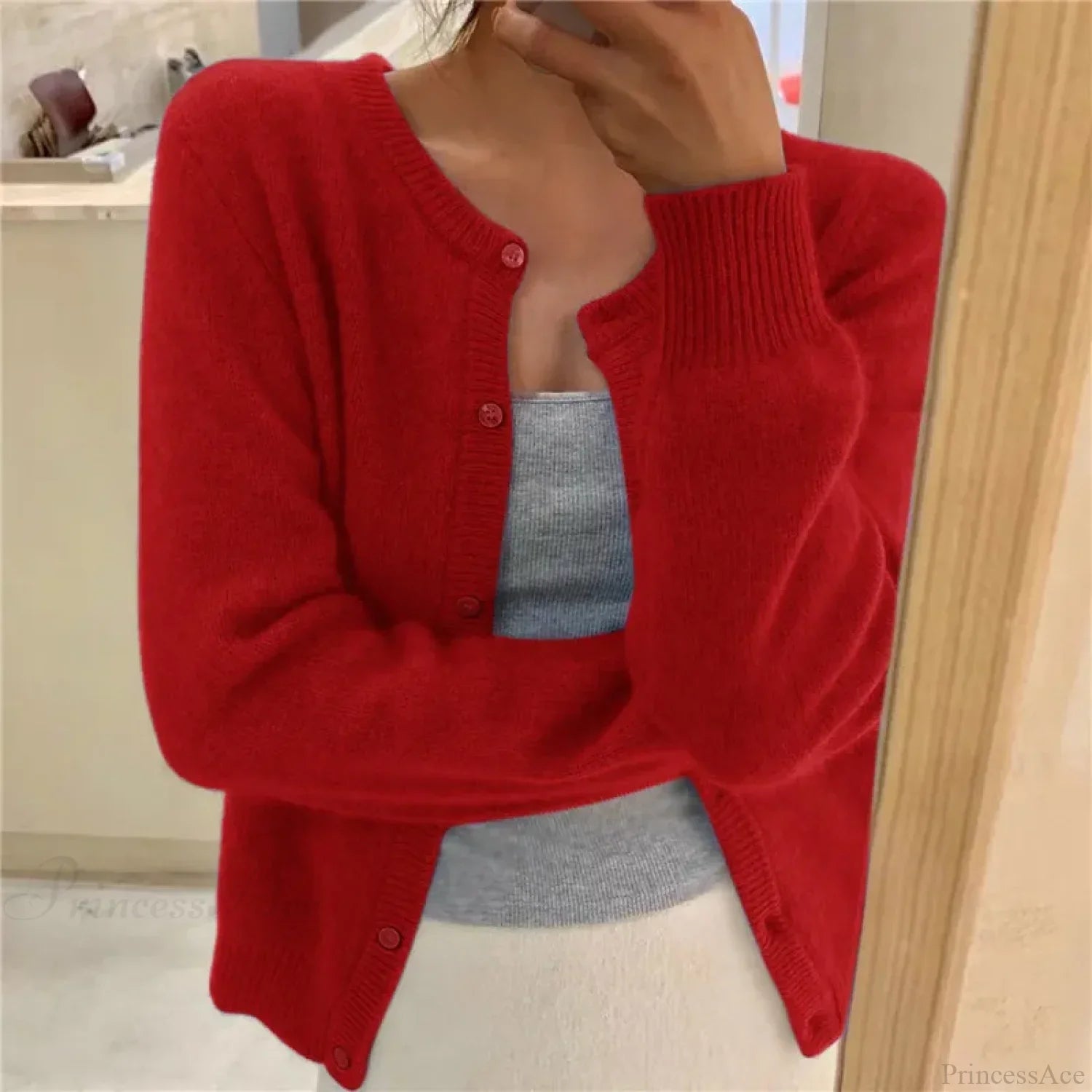 Single Breasted Solid Round Neck Knitted Cardigan image 6