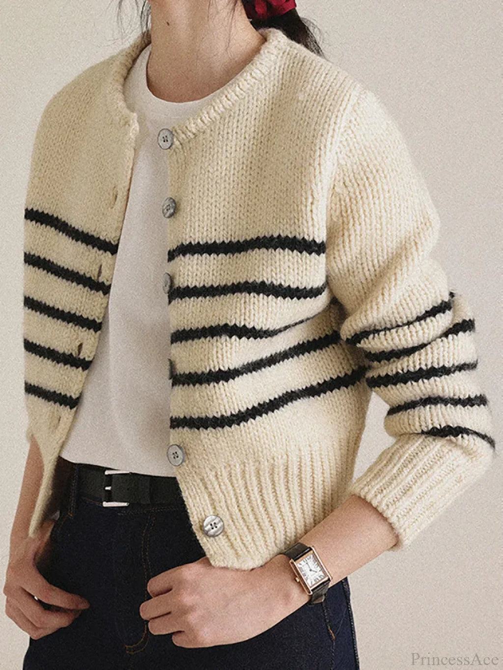 Single-breasted Striped Knit Cardigan image 6