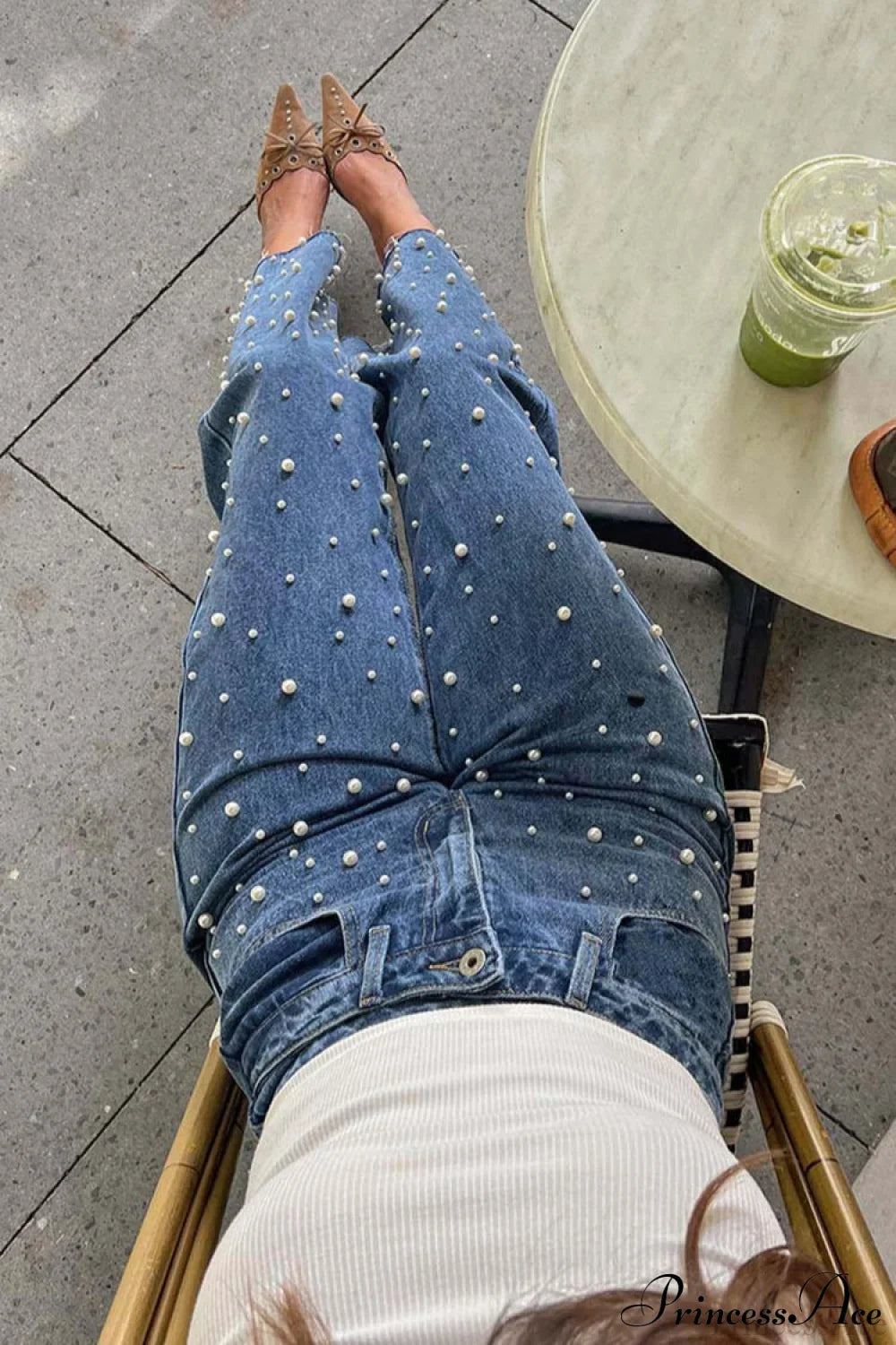 Slanted Waist Crisscross Beaded Frayed Straight Leg Jeans image 3