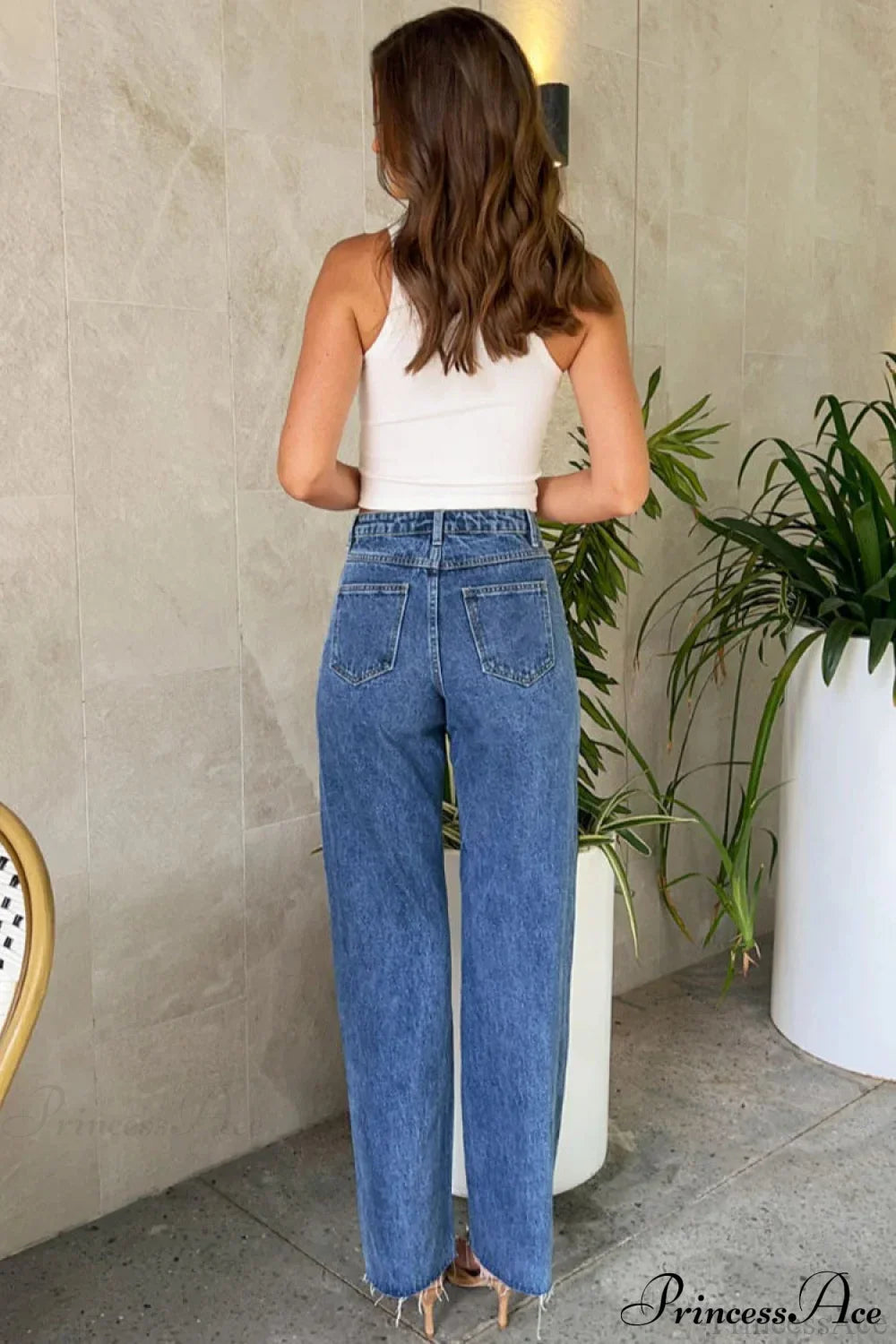 Slanted Waist Crisscross Beaded Frayed Straight Leg Jeans image 5