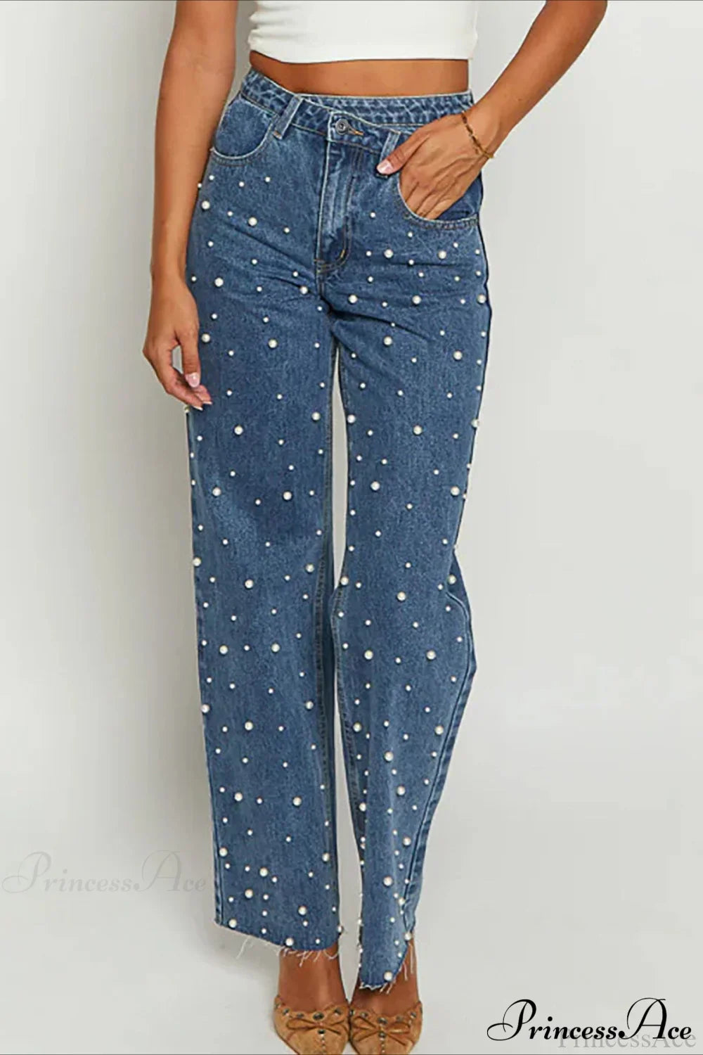 Slanted Waist Crisscross Beaded Frayed Straight Leg Jeans image 2