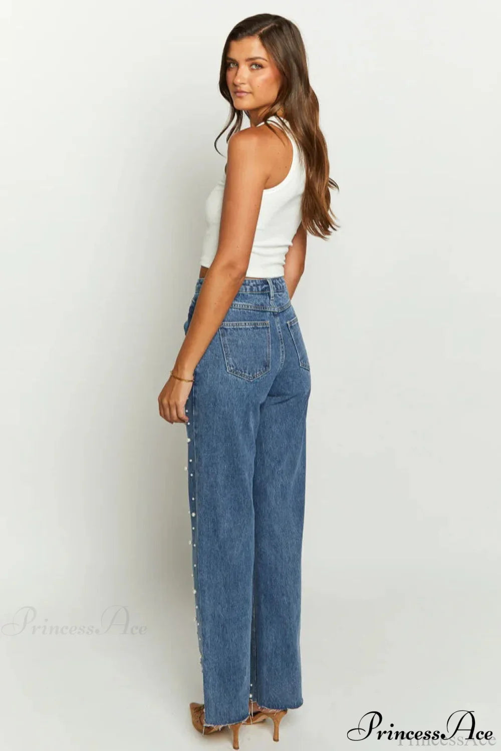 Slanted Waist Crisscross Beaded Frayed Straight Leg Jeans image 4