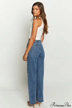 Slanted Waist Crisscross Beaded Frayed Straight Leg Jeans image 4