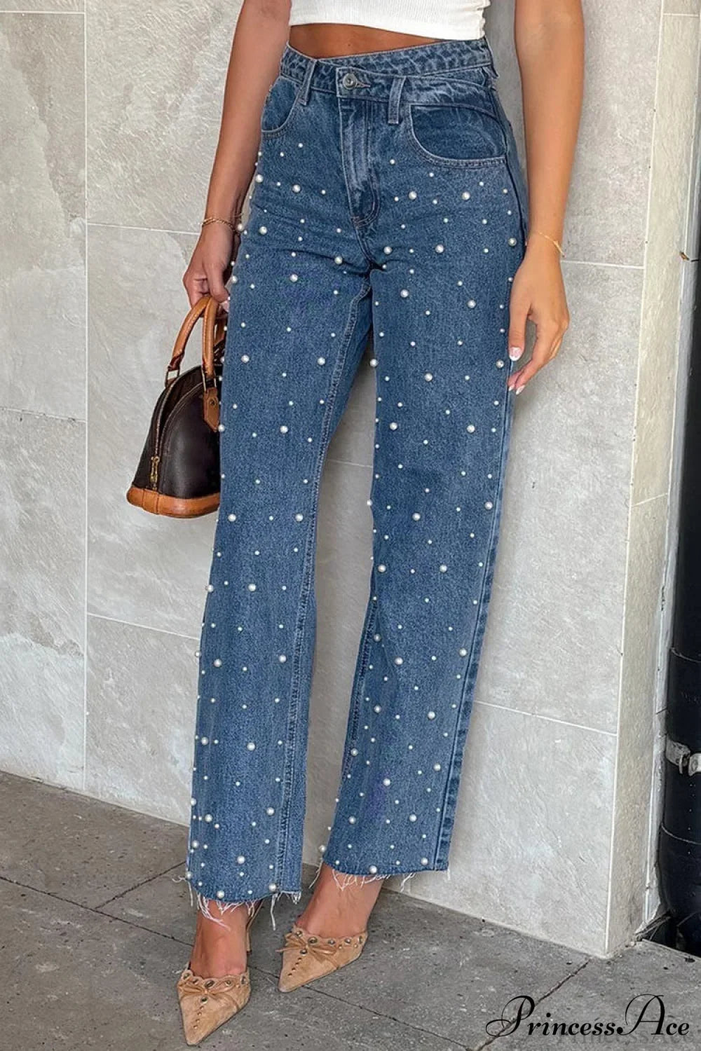 Slanted Waist Crisscross Beaded Frayed Straight Leg Jeans image 1