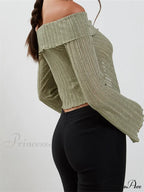 Slash Neck Off Shoulder Solid Color Slim Fit T-Shirts image 3