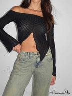 Slash Neck Off Shoulder Solid Color Slim Fit T-Shirts image 5