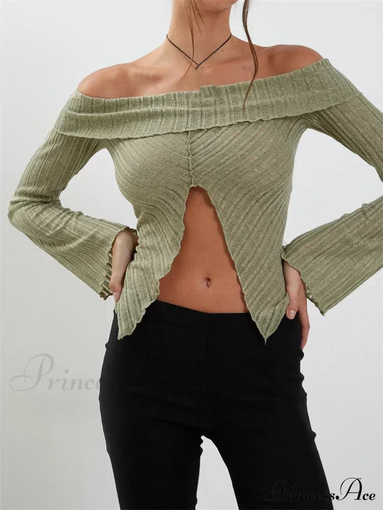 Slash Neck Off Shoulder Solid Color Slim Fit T-Shirts image 2