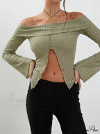 Slash Neck Off Shoulder Solid Color Slim Fit T-Shirts image 2