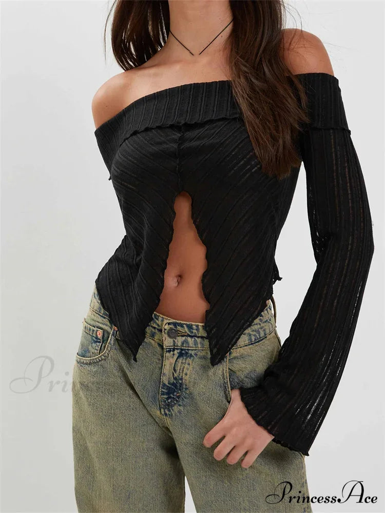 Slash Neck Off Shoulder Solid Color Slim Fit T-Shirts image 4
