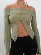 Slash Neck Off Shoulder Solid Color Slim Fit T-Shirts image 8