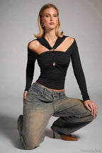 Sleek Off-shoulder Fitted Slim Long Sleeve Tee image 5
