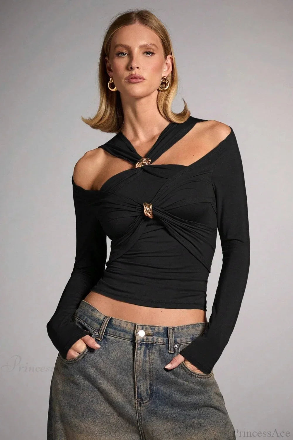 Sleek Off-shoulder Fitted Slim Long Sleeve Tee image 1