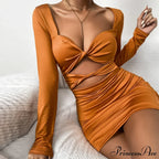 Sleeve Deep V Neck Hollow Out Pleated Ruched Soild Color Cut Out Dress image 1
