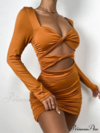 Sleeve Deep V Neck Hollow Out Pleated Ruched Soild Color Cut Out Dress image 5