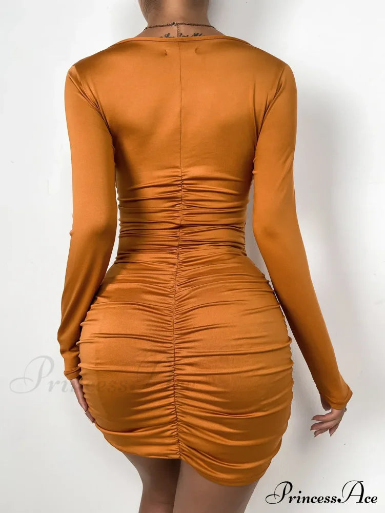 Sleeve Deep V Neck Hollow Out Pleated Ruched Soild Color Cut Out Dress image 6
