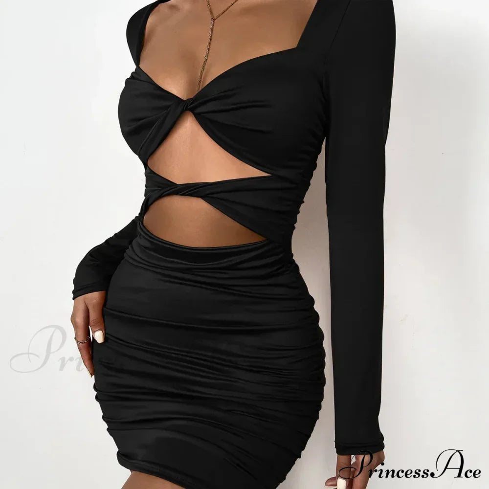 Sleeve Deep V Neck Hollow Out Pleated Ruched Soild Color Cut Out Dress image 2