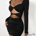 Sleeve Deep V Neck Hollow Out Pleated Ruched Soild Color Cut Out Dress image 2