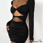 Sleeve Deep V Neck Hollow Out Pleated Ruched Soild Color Cut Out Dress image 2