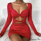 Sleeve Deep V Neck Hollow Out Pleated Ruched Soild Color Cut Out Dress image 3