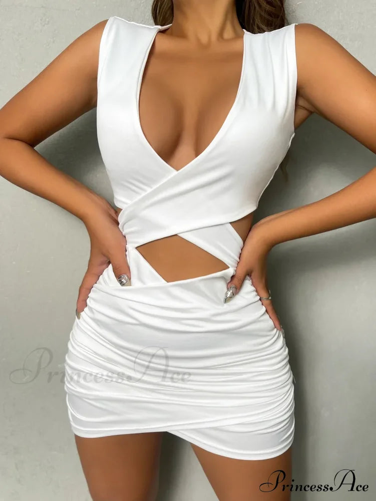 Sleeveless Bodycon Mini V Neck Slim Ruched Hollow Vestido OutFits Elegant Soild Cut Out Dress image 1